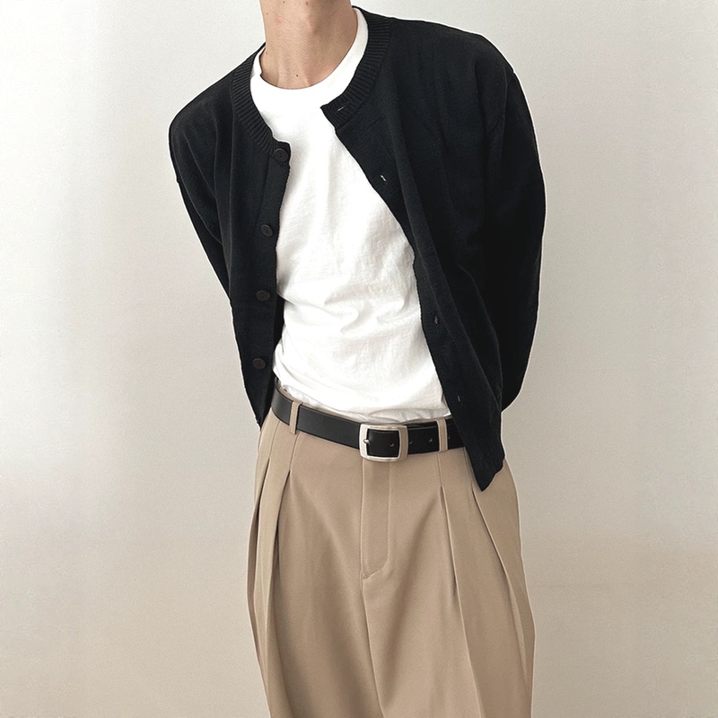 American-Style Core-Spun Yarn Knitted Cardigan for Men, Round Neck, Half-Button, Slim-Fit Sweatshirt Jacket, Thin, Breathable Wool Jacket