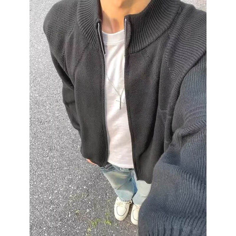 Double Zipper Stand Collar Knit Cardigan for Men, Thin Slim Fit Long Sleeve Sweatshirt, American Casual Workwear Knit Jacket, Trendy