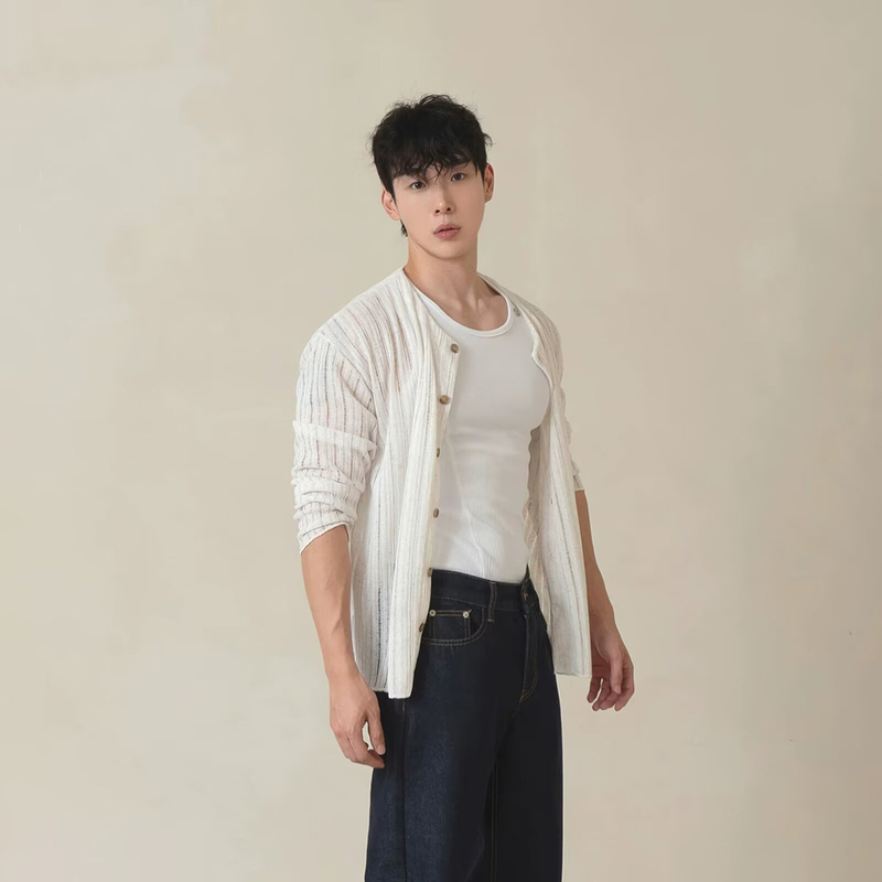 Men's Lightweight Sheer Knit Cardigan with Hollow-Out Design, Long Sleeves, Mesh Jacket, Round Neck, Button-Down, See-Through Shirt