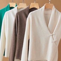 Autumn and winter new cashmere sweater womens 100 cashmere sweater v collar disc buckle cross pullover sweater loose Korean version outside wear