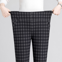 Middle-aged and elderly womens pants spring and autumn single pants mother pants plaid loose straight trousers 60 years old 80 grandma pants winter plus Velvet
