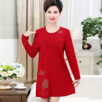 Middle-aged and elderly women long sleeve T-shirt mother dress spring base shirt dress solid color loose large size top 2019
