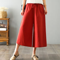 Summer Cotton Linen Dress Pants Tightness Waist Loose Broadlegged Pants National Wind Women Pants Loose Casual Pants Mom Pants 90% Pants