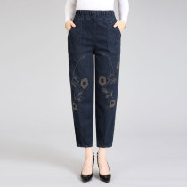 Middle-aged and elderly womens pants jeans fashion embroidered spring and autumn pants mother pants bunch feet jeans loose casual pants