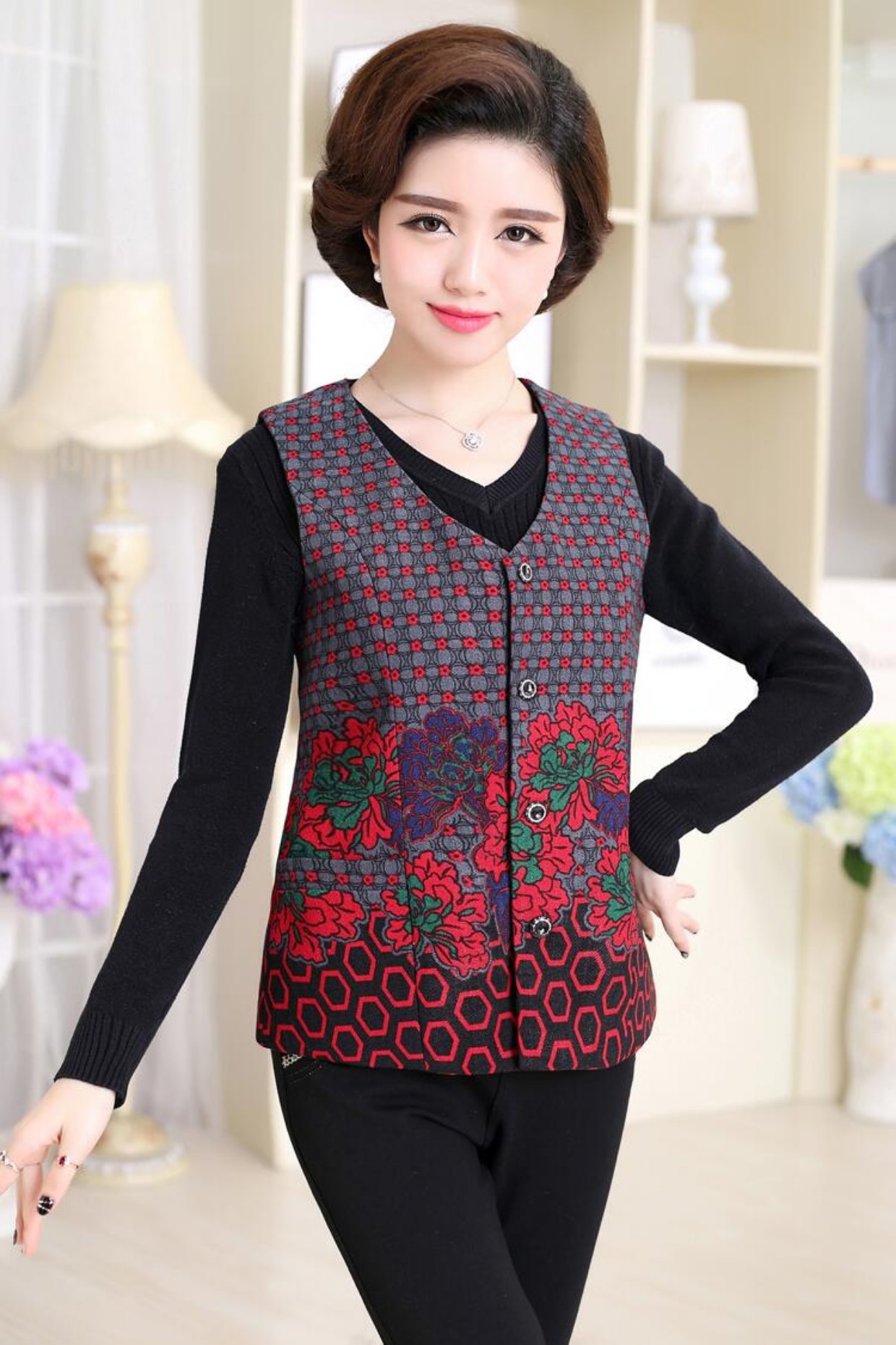 Áo bà mẹ trung niên mùa xuân và áo khoác mùa thu không có cổ áo bà già bà ngoại áo vest mỏng cỡ lớn mùa hè áo kiểu nữ tuổi 50
