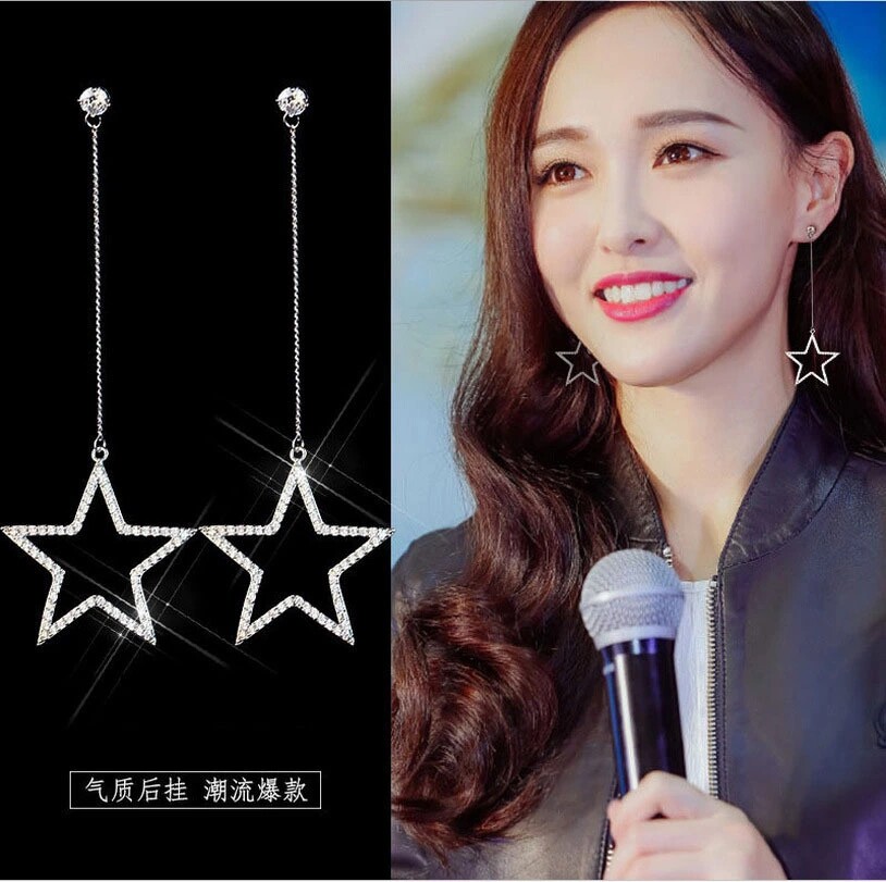 South Korea Spike Pure Silver Female Long Version Temperament Exaggerated Pentagram Zircon soulin Susear Allergy S925 Silver Ear Ring