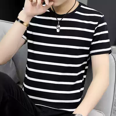 Hong Kong Tide Brand Short Sleeve T-shirt Men's 2021 New Summer Men's Round Neck Striped Top Mercerized Cotton Casual Half Sleeve