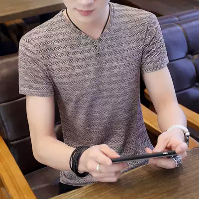 Men's short-sleeved T-shirt 2021 summer tide brand thin slim-fitting V-neck ice silk T-shirt hollow breathable half-sleeved top