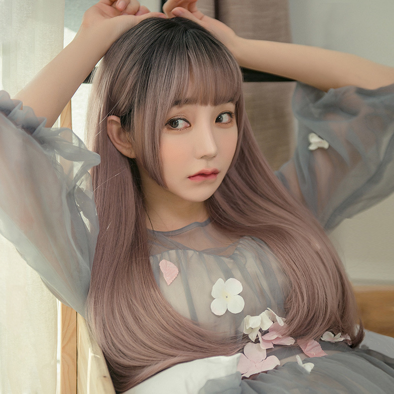 Wig female long straight hair cos black long straight gradient color princess cut Ji hair style lolita Japanese pseudo-mother full head cover