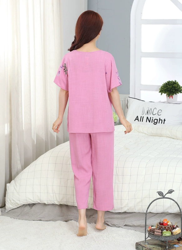 Bộ đồ ngủ mùa hè dành cho phụ nữ ngắn tay quần thứ chín cotton linen slub cotton lụa mẹ mặc đồ thêu tại nhà phù hợp với dịch vụ mỏng - Bên ngoài ăn mặc