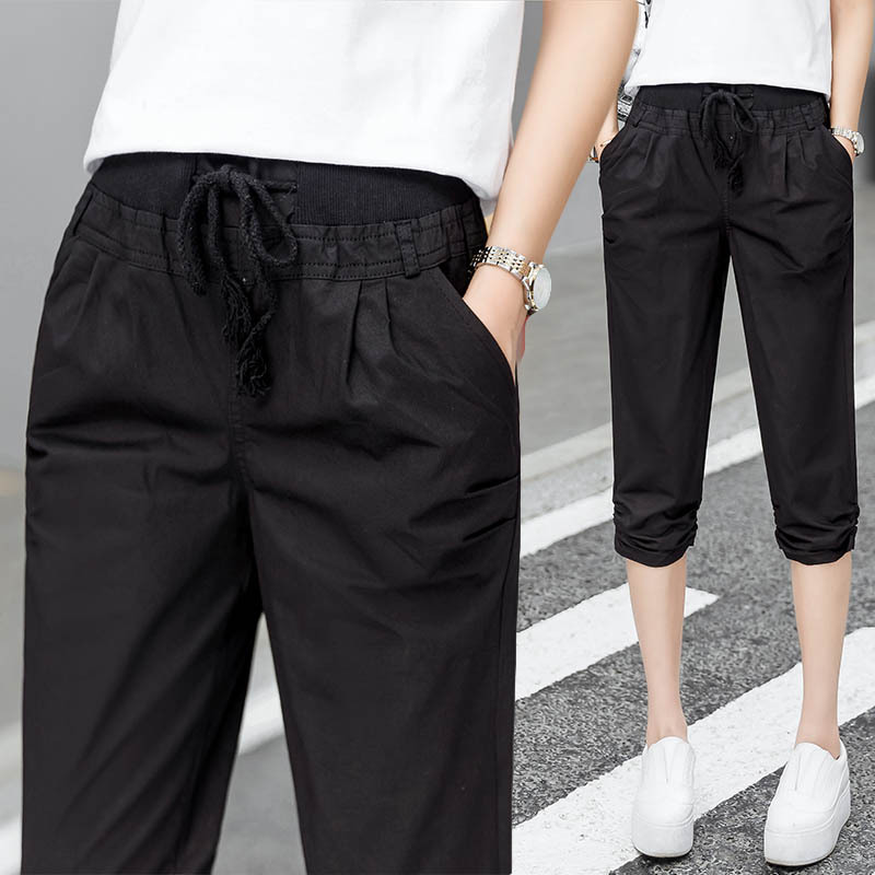 Women's Summer Cropped Pants, High-Waisted, Thin Harem Pants, Elastic Waist, Loose Fit, Plus Size, Casual Pants, Pure Cotton Work Pants, Mid-Length Pants