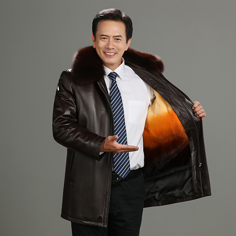 Haining Genuine Leather Jacket for Men, Mid-Length Trench Coat with Fleece Lining, Thickened for Middle-Aged and Elderly Men, Dad's Leather Jacket, Grandpa's Leather Coat