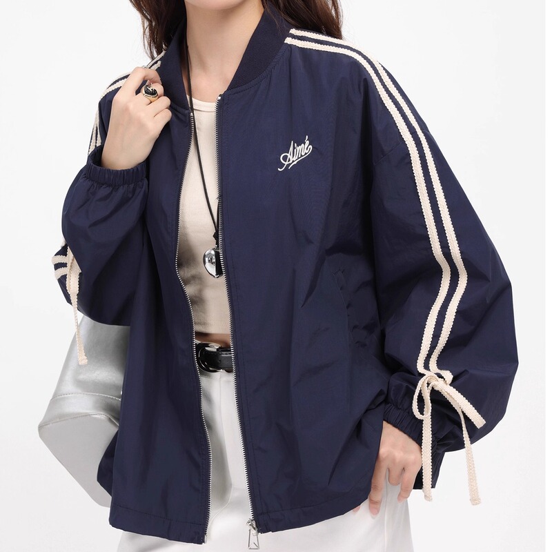 Navy Blue Embroidered Baseball Jacket for Women, 2025 Autumn New Style, American Sweet Cool College Style, Loose Jacket Top, Trendy
