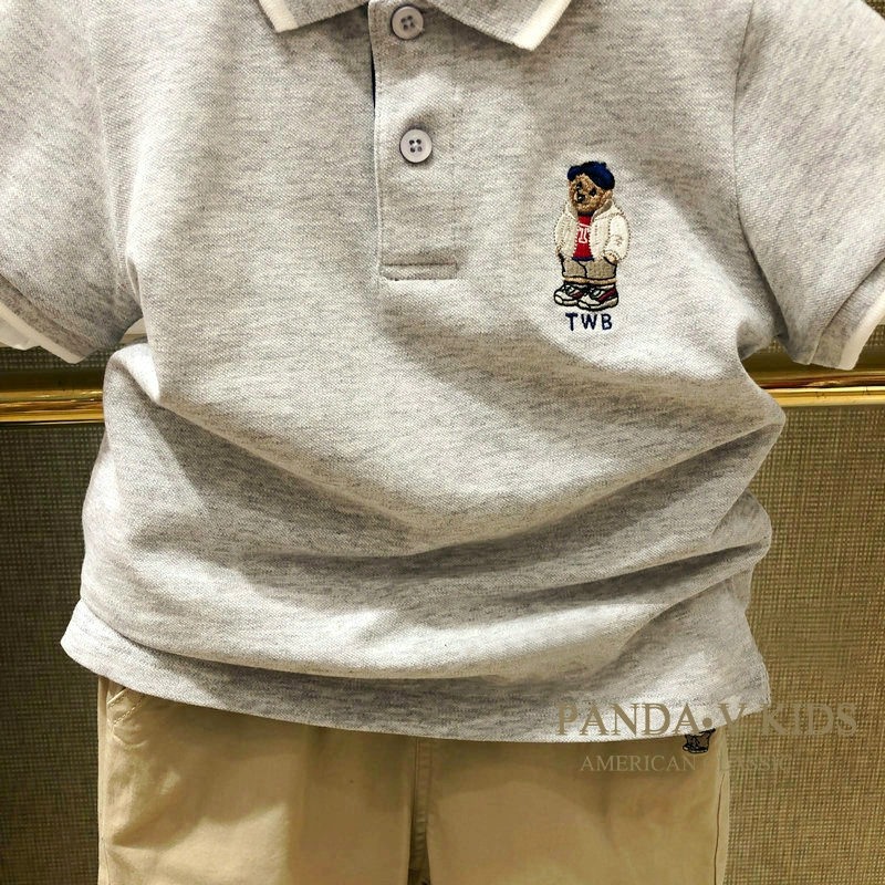TW gấu quần áo trẻ em bé trai ngắn tay áo phông cotton phong cách phương Tây cậu bé lớn màu xám lỏng lẻo giản dị xu hướng ve áo POLO - Áo thun