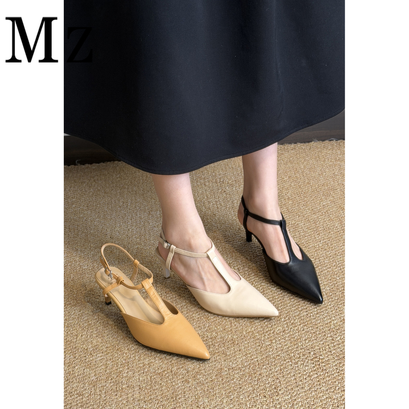Shoemaker Xiaoming/Sheepskin High-Heeled Shoes with T-Strap, New Summer Style, Stiletto Pointed-Toe High-Heeled Sandals for Women