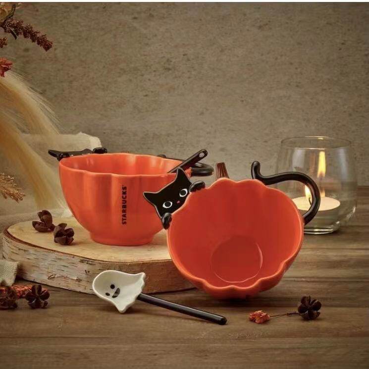 товар из китая 星巴克2021万圣节新品小恶魔黑猫蘑菇南瓜小碗热变马克杯保温杯子 Starbucks