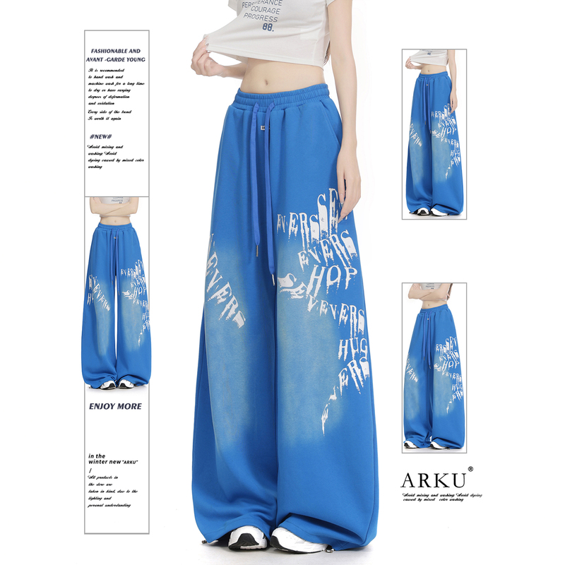 Arku American Retro Washed Gradient Sports Sweatpants for Women, Loose and Lazy with Drape, Street Dance Wide-Leg Straight Casual Pants