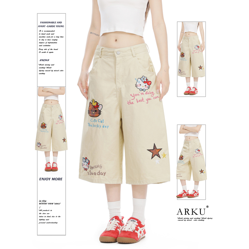 Arku American-Style Cute Kitty Cat Embroidered Cropped Pants for Women, Summer Sweet and Cool, Age-Reducing, Loose Straight-Leg Casual Shorts