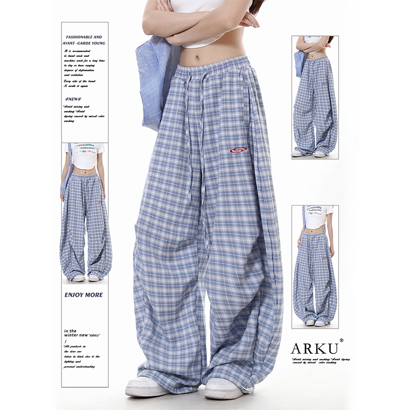 Arku American Retro Blue Scimitar Plaid Pants for Women, Loose and Lazy Style with Drapey Feel, Dance Wide-Leg Casual Pants