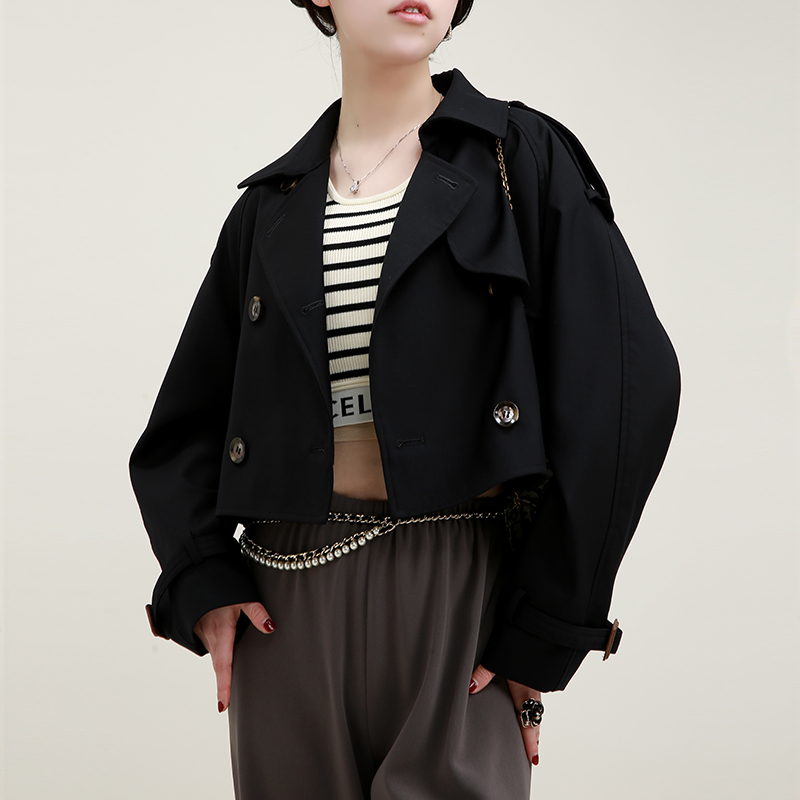 NZ British style double-breasted high-waisted thin and small epaulettes windbreaker women's short coat spring and autumn new