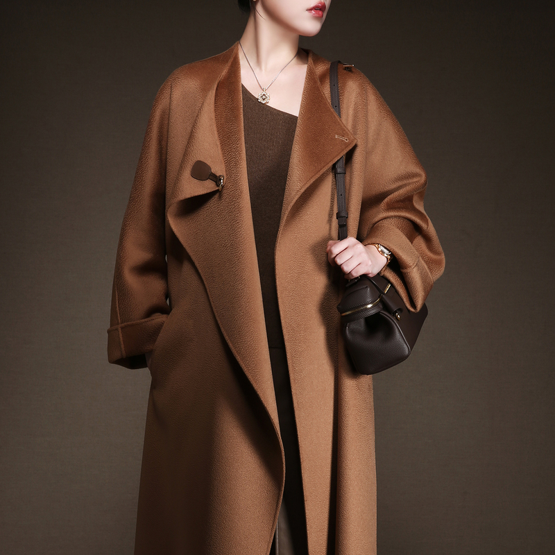 Nz Ancient Roman Toga-Style Draped Retro Silhouette Water Ripple Double-Sided Pure Cashmere Coat for Women, Mid-Length New Style
