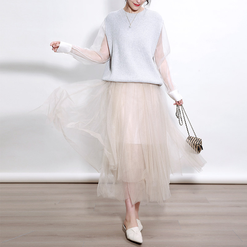 NZ Herbenwind High waist fog surface mesh yarn Skirt Hem Fairy dress Feminine Dress Woman style naked color long skirt half body dress 2022
