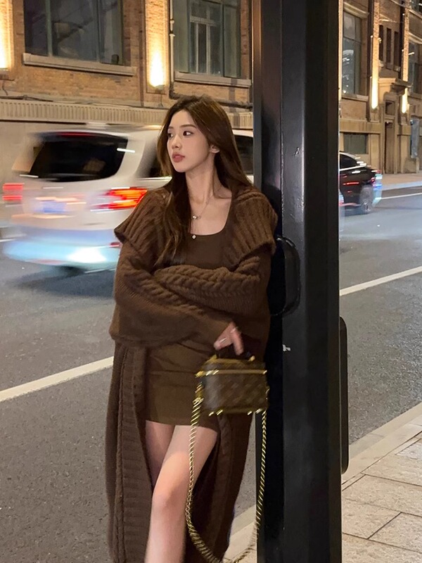 Loose Knit Cardigan for Women, Autumn and Winter, Stylish Large Lapel, Casual Mid-Length Sweater, Robe, Thick Coat