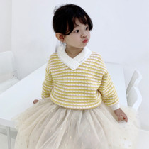 2021 autumn and winter new childrens cotton knitted sweater female baby Korean coat college style childrens clothing foreign style fashion