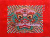 A Fujian Zhangzhou woodblock New Year painting Lion Holding a Sword 34X45cm sprinkled with gold and red Xuanhua heart folk art collection