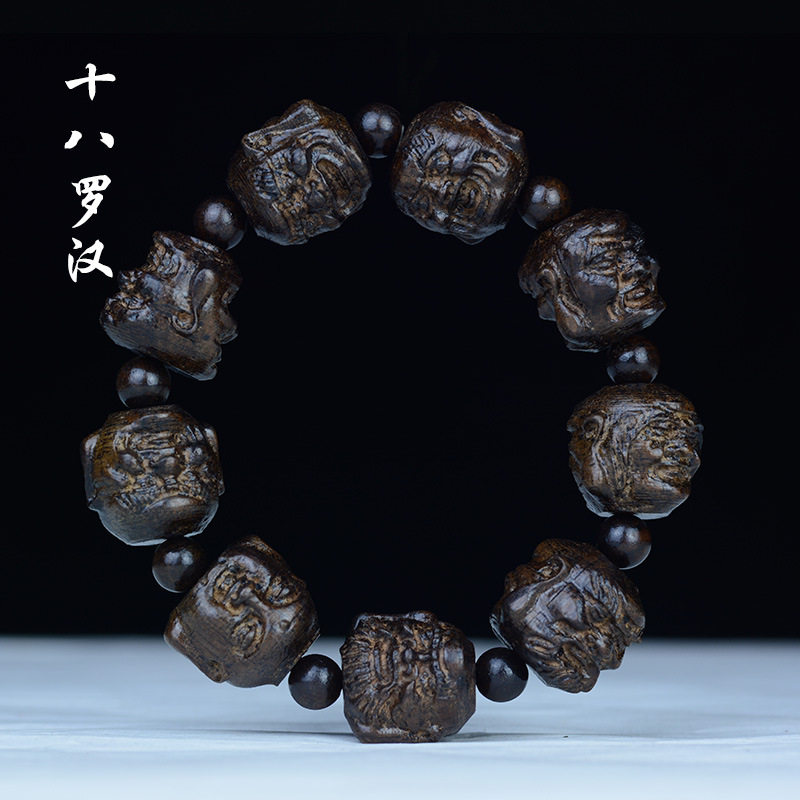 Leather Grey Wood Black Sandalwood Engraving Handstring 8 Rohan Human Head Pearl Personality Handmade Wooden Text Play Crafts Buddha Pearl