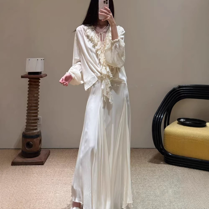 Floral One [Shanghai High Version] 26Ss High-End Versatile Lace Trim Draped Shirt and Skirt Set for Women