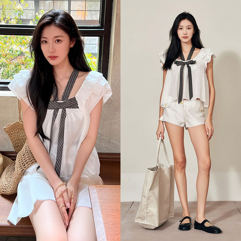 Floral One [Shanghai High Version] Backless U-Neck Pleated Contrast Color Striped Bow Short Shirt Top Mrche