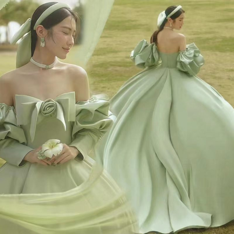 Floral Wedding Studio Themed Outfits for Couples, Outdoor Long Train Dress, French-Style Strapless Puff Sleeves, Green