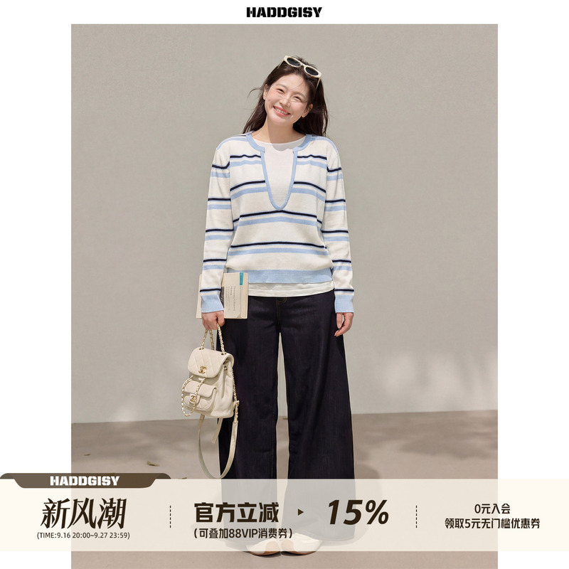Zeng Xiaoxian Plus-Size Women's Clothing, Practical and Functional, Blue Striped Faux Two-Piece Knit Set for Curvy Women, Slimming for Autumn Zeng Xiaoxian Plus-Size Women's Clothing, Practical and Functional, Blue Striped Faux Two-Piece Knit Set for Curvy Women, Slimming for Autumn