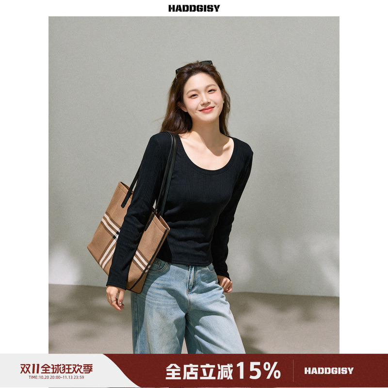 Zeng Xiaoxian Plus-Size Women's Clothing Black Short Top Slimming Long-Sleeve T-Shirt for Slightly Chubby Women High-Waisted Jeans Set