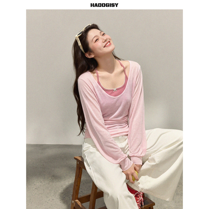 Zeng Xiaoxian Plus-Size Women's Clothing for Slightly Chubby Women, Pink Thin Long-Sleeve Blouse T-Shirt, Summer Halter Neck Tank Top Set Zeng Xiaoxian Plus-Size Women's Clothing for Slightly Chubby Women, Pink Thin Long-Sleeve Blouse T-Shirt, Summer Halter Neck Tank Top Set