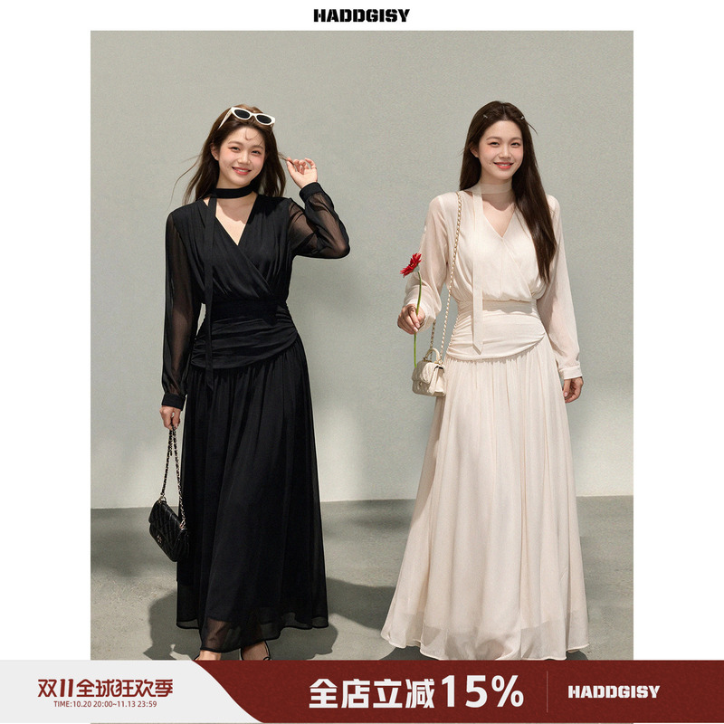 Zeng Xiaoxian Plus-Size Women's Clothing for Slightly Chubby Girls, Black V-Neck Dress, Autumn Season, Halter Neck, Waist-Cinching, Long Dress Zeng Xiaoxian Plus-Size Women's Clothing for Slightly Chubby Girls, Black V-Neck Dress, Autumn Season, Halter Neck, Waist-Cinching, Long Dress