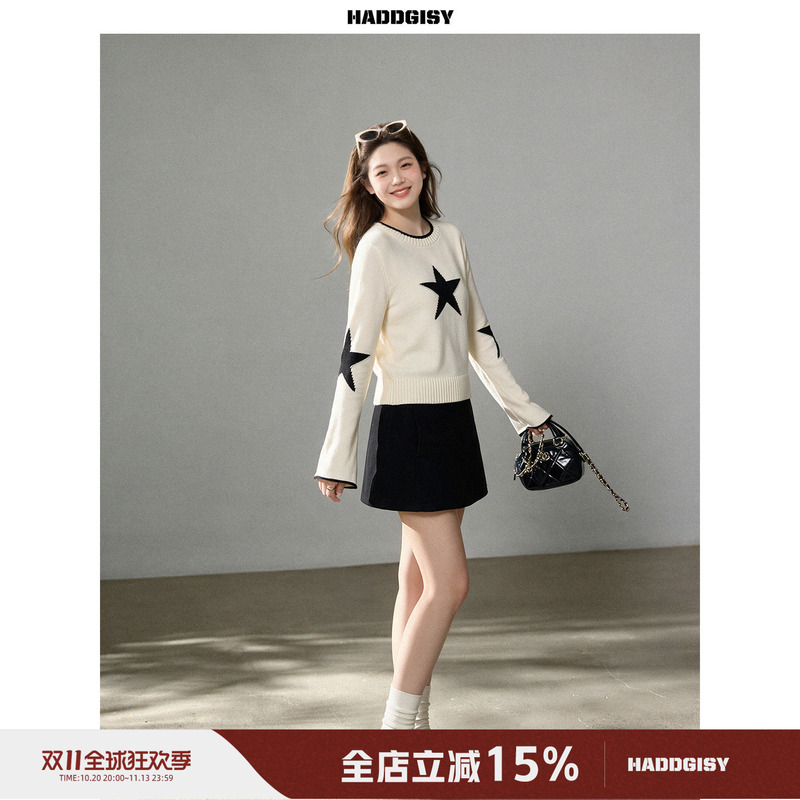 Zeng Xiaoxian Plus-Size Women's White Crew Neck Sweater, Slightly Chubby Sister Style, Early Autumn Loose Fit, Slimming Top and Pants Set