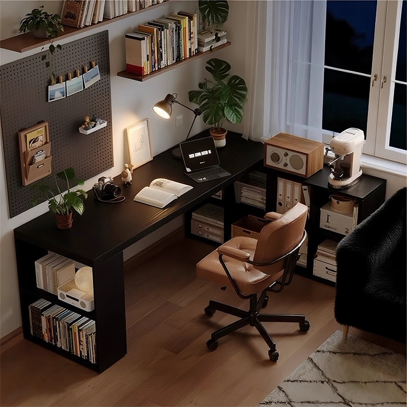 Telescopic Corner Desk Bookshelf Integrated Table L-Shaped Computer Desk Black Student Home Writing Desk Corner Office Desk