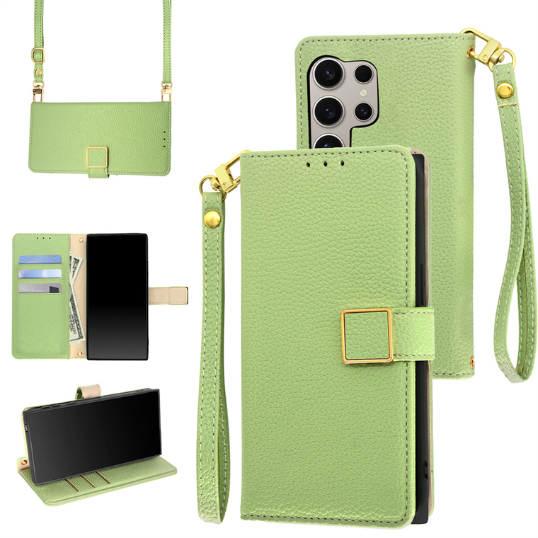 Gray Synthetic Leather Wallet with Lanyard Strap Samsung Phone Case