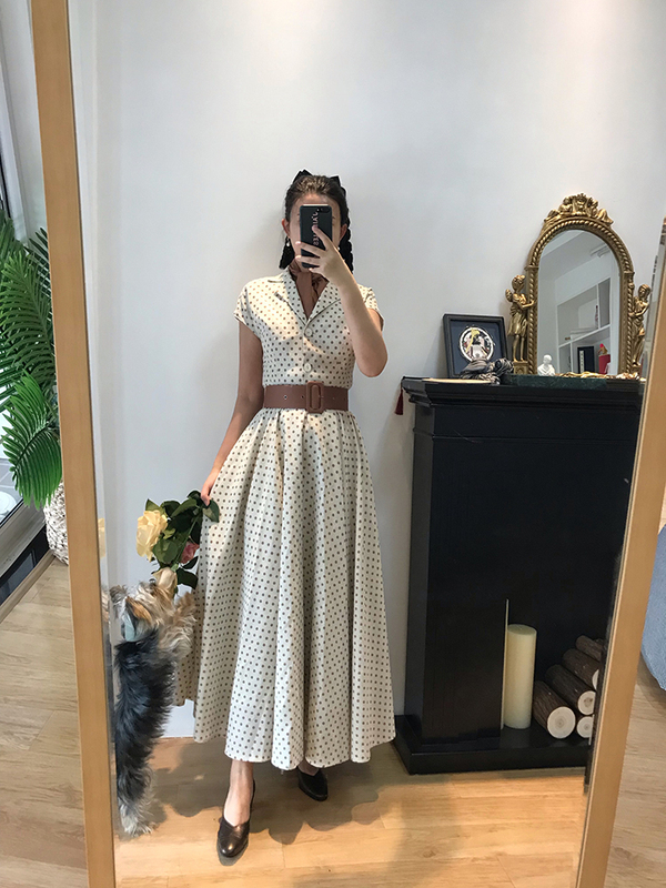 Cherrycola Dove Advertisement Hepburn-Style Dress Coffee Polka Dot Scarf Belt Four-Piece Set All Cotton and Linen