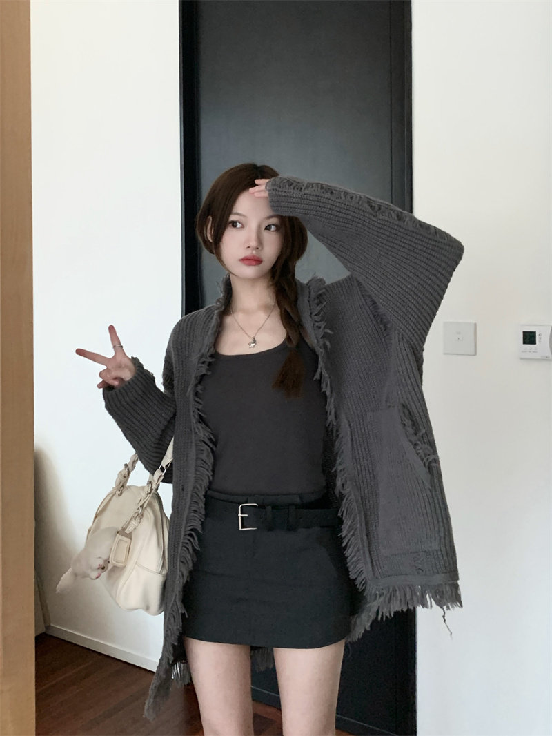 Damen Strickjacke Grobstrick Pullover Grau Langarm Oversize_voghion.com