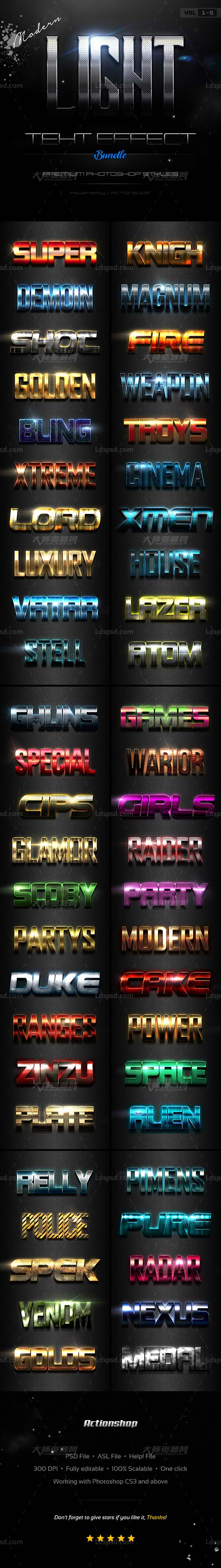 极品PS样式－50个现代金属质感效果(第一套合集)：Modern Light Text Effects Bundle