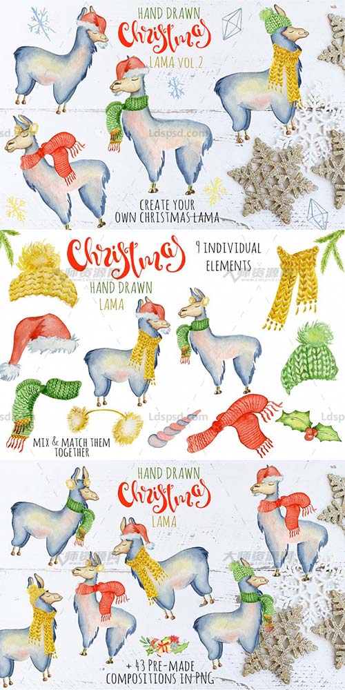 55张高清透明的北欧风圣诞骆驼PNG图片：Christmas Llama Watercolor Creator Vol.2