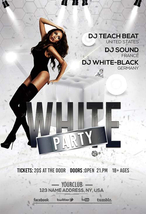 性感美女派对海报/传单PSD模板：White party - Premium flyer psd template