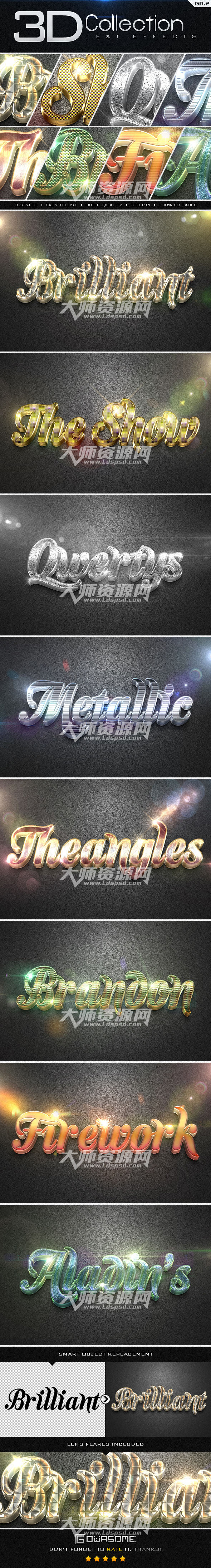 极品3D金属质感的PS图层样式：3D Collection Text Effects GO.2