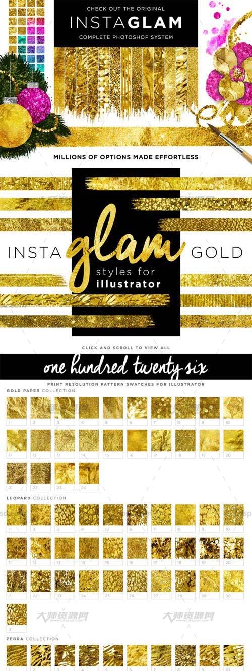 Gold Style Illustrator + InstaGlam,极品AI色板－120余种金箔纹理样式