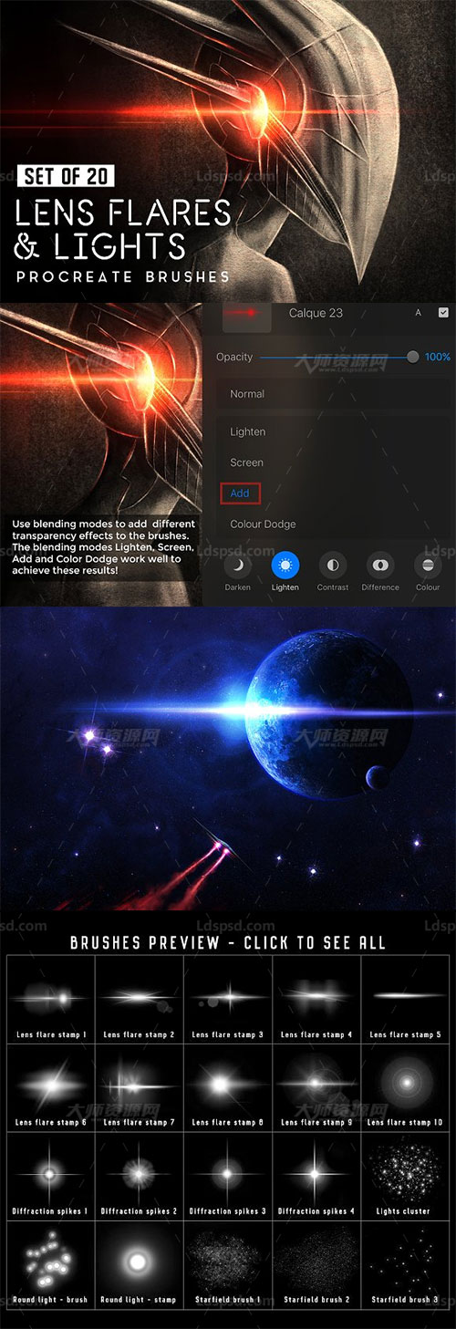 Lens Flares Procreate Brushes,极品Procreate笔刷－20支镜头光晕效果