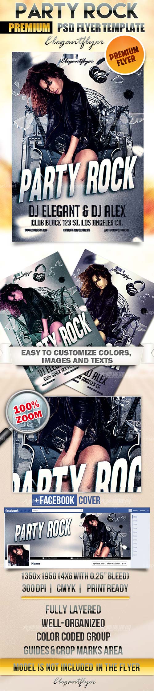 Party Rock Flyer PSD Template + Facebook Cover,摇滚音乐传单模板