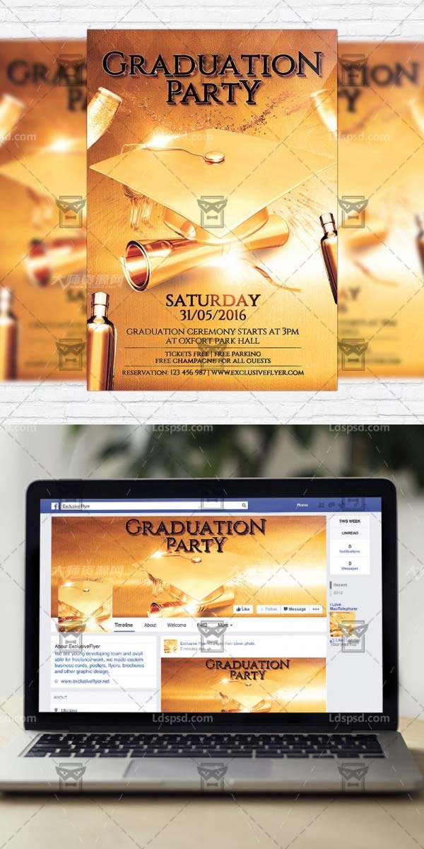 Graduation Party – Premium Flyer Template + Facebook Cover,毕业派对海报/传单模板